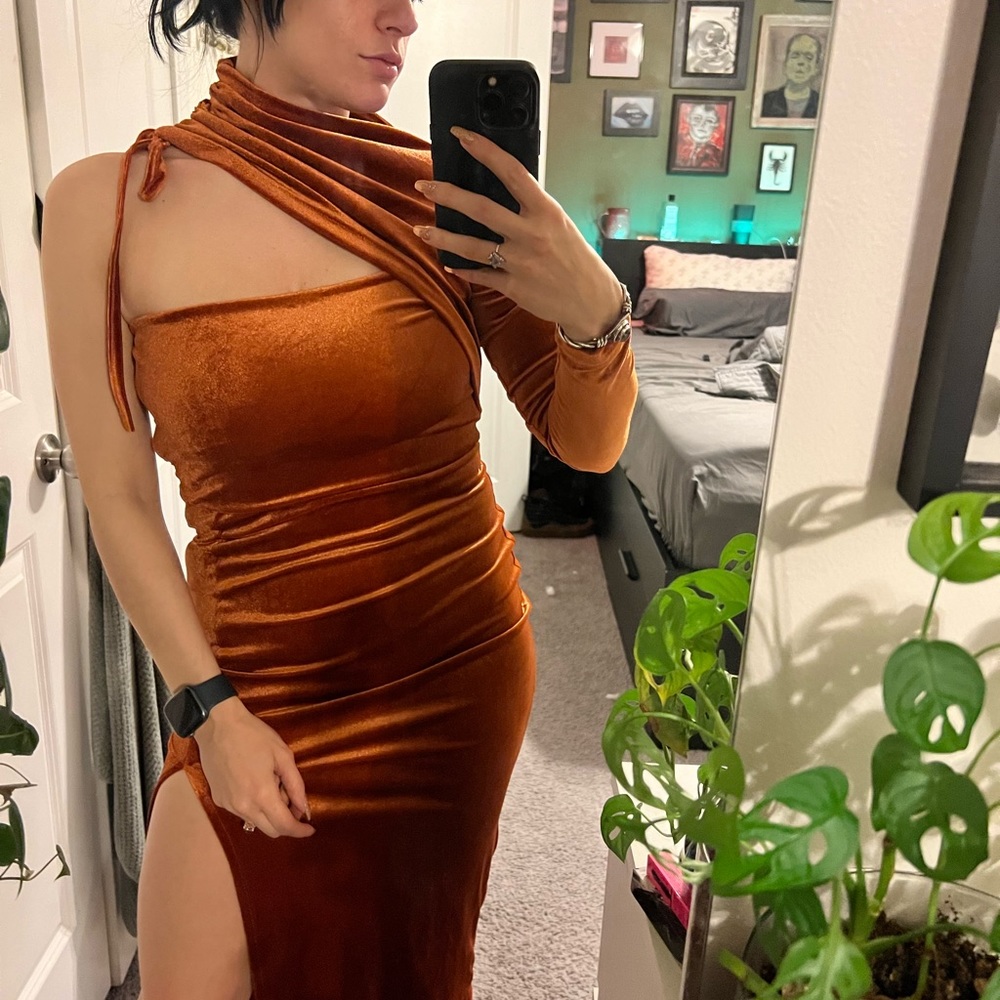 Shein Velvet Orange Dress, One Shoulder Cinch